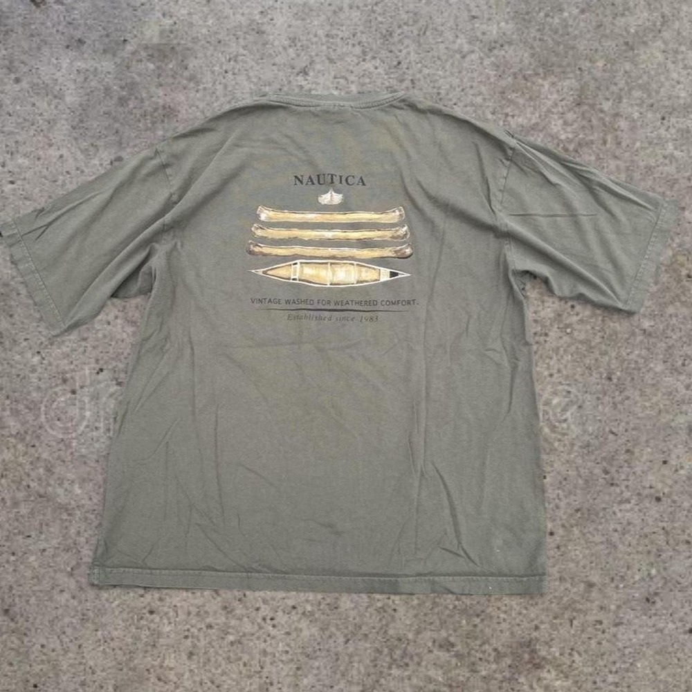 Vintage 90s Nautica Canoe Graphic Pocket T Shirt Olive Green USA Made Mens XXL - Picture 5 of 5